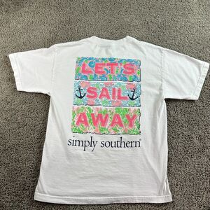 Simply Southern Shirt Women Medium White Pink Lets Sail Away Preppy Ladies *